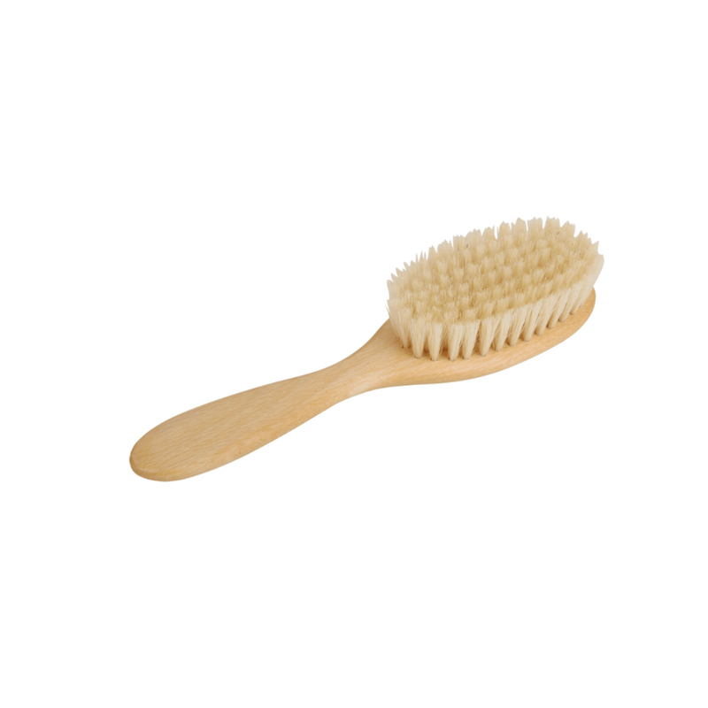 A wooden baby hairbrush with soft natural bristles.