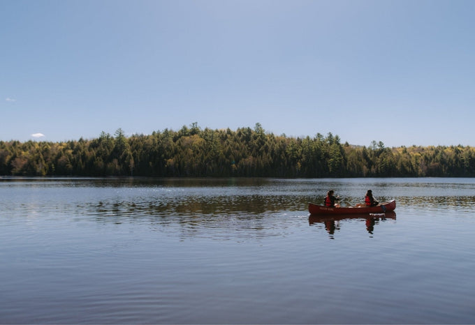 Two people paddling a red canoe on a calm lake surrounded by dense forest under a clear blue sky, with gentle ripples reflecting the sunlight.