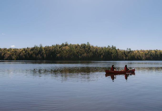 Two people paddling a red canoe on a calm lake surrounded by dense forest under a clear blue sky, with gentle ripples reflecting the sunlight.
