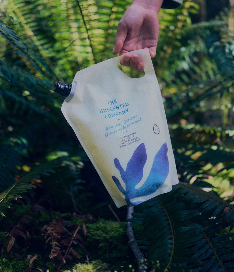 A hand holds a 2-litre refill pouch of The Unscented Company nourishing shampoo with mango butter and argan oil among green ferns and moss on a forest floor.