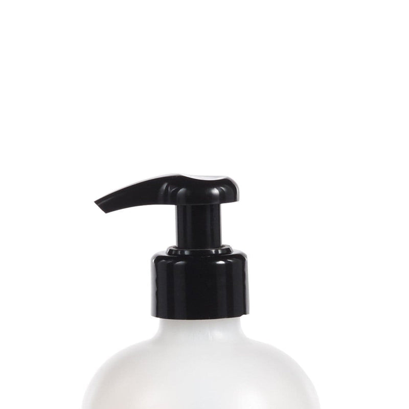 Opaque white bottle with a black dispensing pump, on a white background.