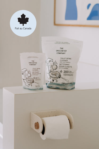 The Unscented Company biodegradable toilet bowl cleaner tablets in 22- and 200-count packages,Fait au Canada.
