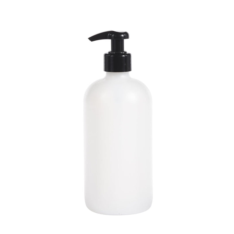 White plastic pump bottle with a black dispenser.