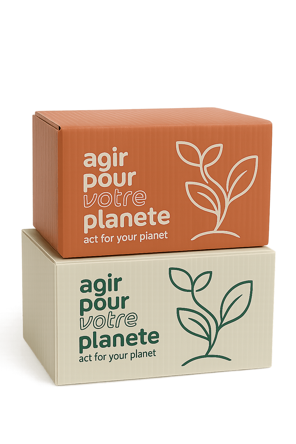 Two stacked cardboard boxes with eco-friendly messages and leaf illustrations. The top box is orange with the text “agir pour votre planète – act for your planet” in white, and the bottom box is beige with the same message in green.