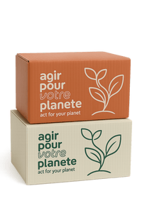 Two stacked cardboard boxes with eco-friendly messages and leaf illustrations. The top box is orange with the text “agir pour votre planète – act for your planet” in white, and the bottom box is beige with the same message in green.