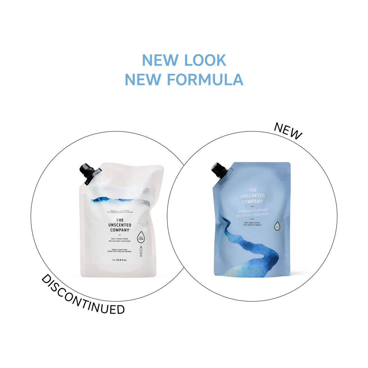 The Unscented Company Hydrating Conditioner refill pouch, 1 L – before and after: discontinued Daily Conditioner (left) vs. new formula with vegan keratin (right)