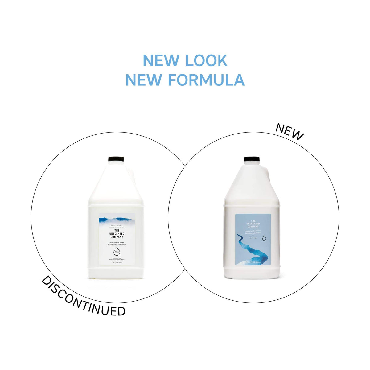 The Unscented Company Hydrating Conditioner jug, 4 L – before and after: discontinued Daily Conditioner (left) vs. new formula with vegan keratin (right)