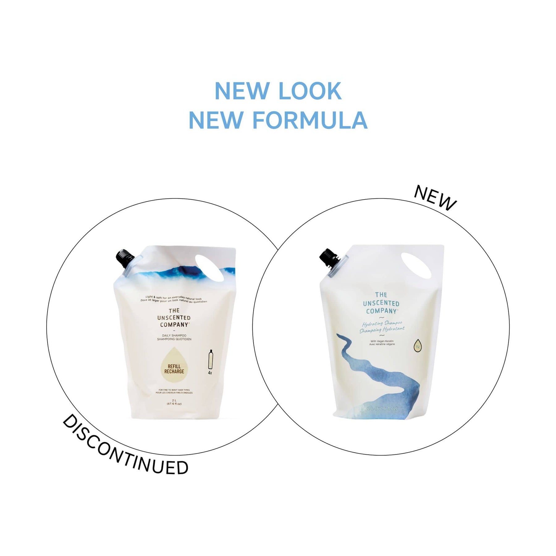 The Unscented Company Hydrating Shampoo refill pouch, 2 L – before and after: discontinued Daily Shampoo (left) vs. new formula with vegan keratin (right)