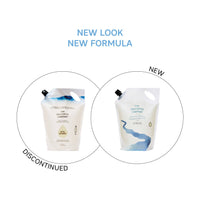 The Unscented Company Hydrating Shampoo refill pouch, 2 L – before and after: discontinued Daily Shampoo (left) vs. new formula with vegan keratin (right)