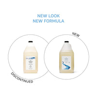 The Unscented Company Hydrating Shampoo jug, 4 L – before and after: discontinued Daily Shampoo (left) vs. new formula with vegan keratin (right)
