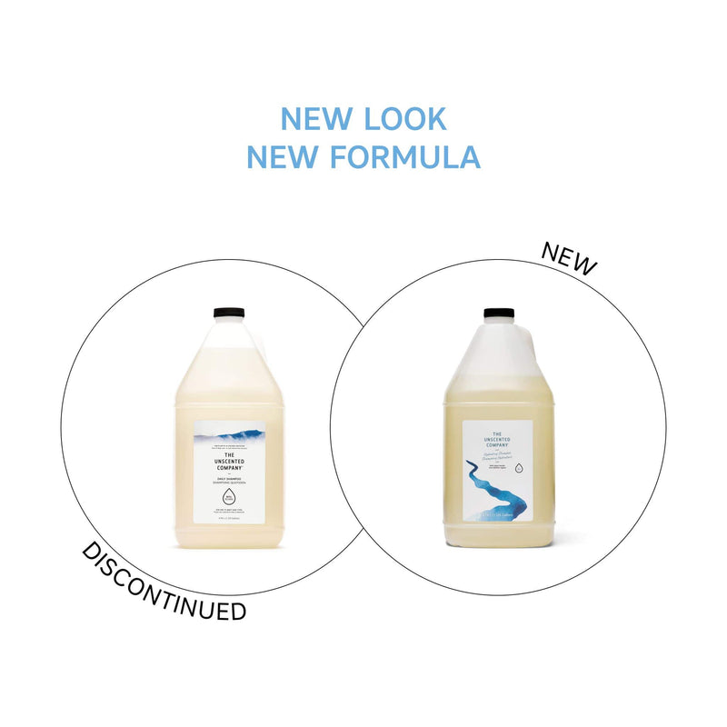 The Unscented Company Hydrating Shampoo jug, 4 L – before and after: discontinued Daily Shampoo (left) vs. new formula with vegan keratin (right)