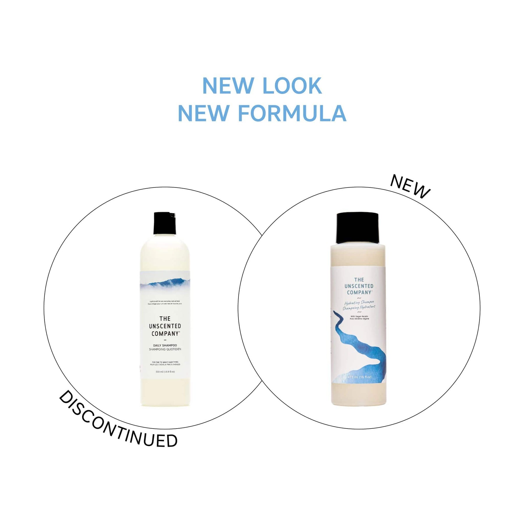 The Unscented Company Hydrating Shampoo bottle, 473 mL – before and after: discontinued Daily Shampoo (left) vs. new formula with vegan keratin (right)