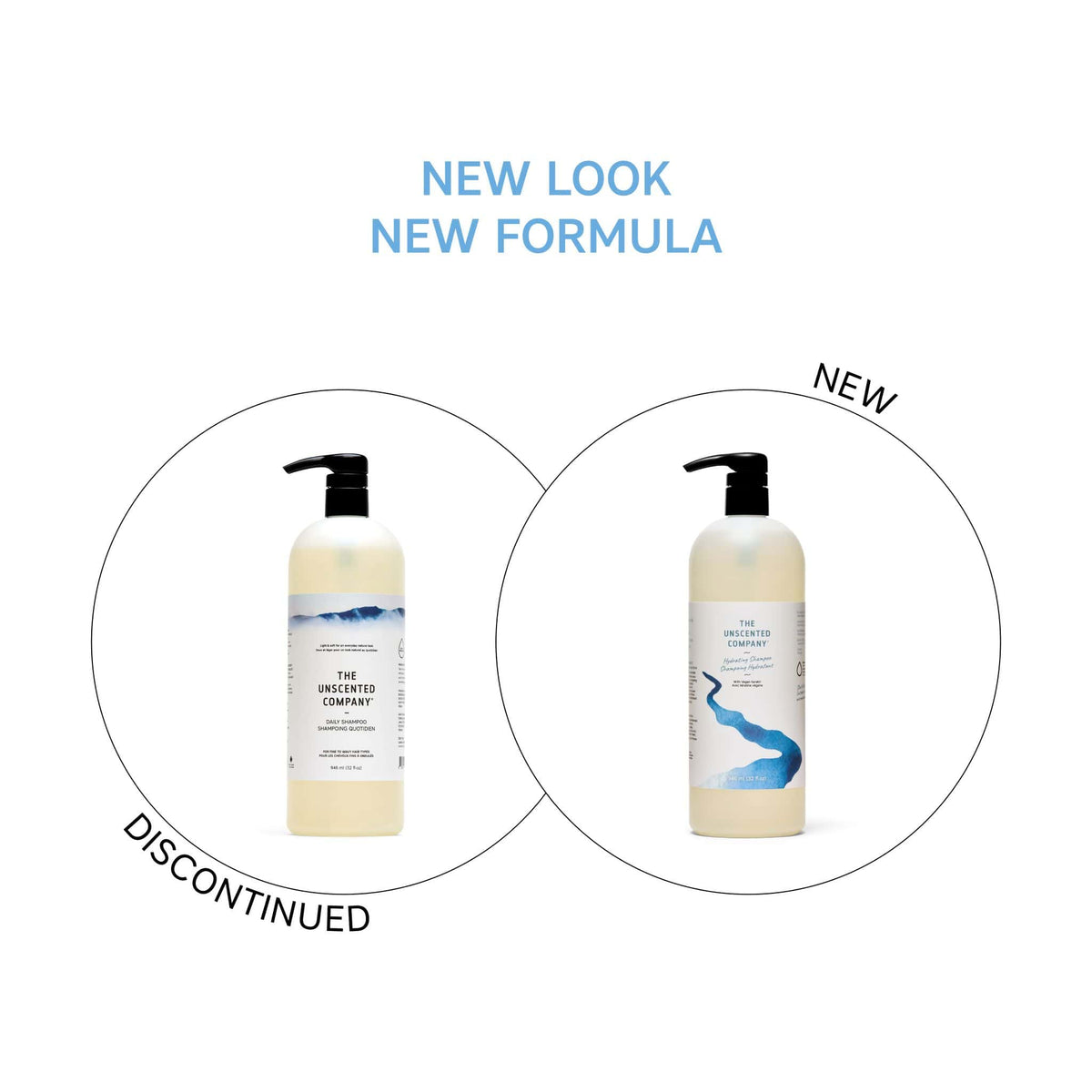 The Unscented Company Hydrating Shampoo pump bottle, 946 mL – before and after: discontinued Daily Shampoo (left) vs. new formula with vegan keratin (right)