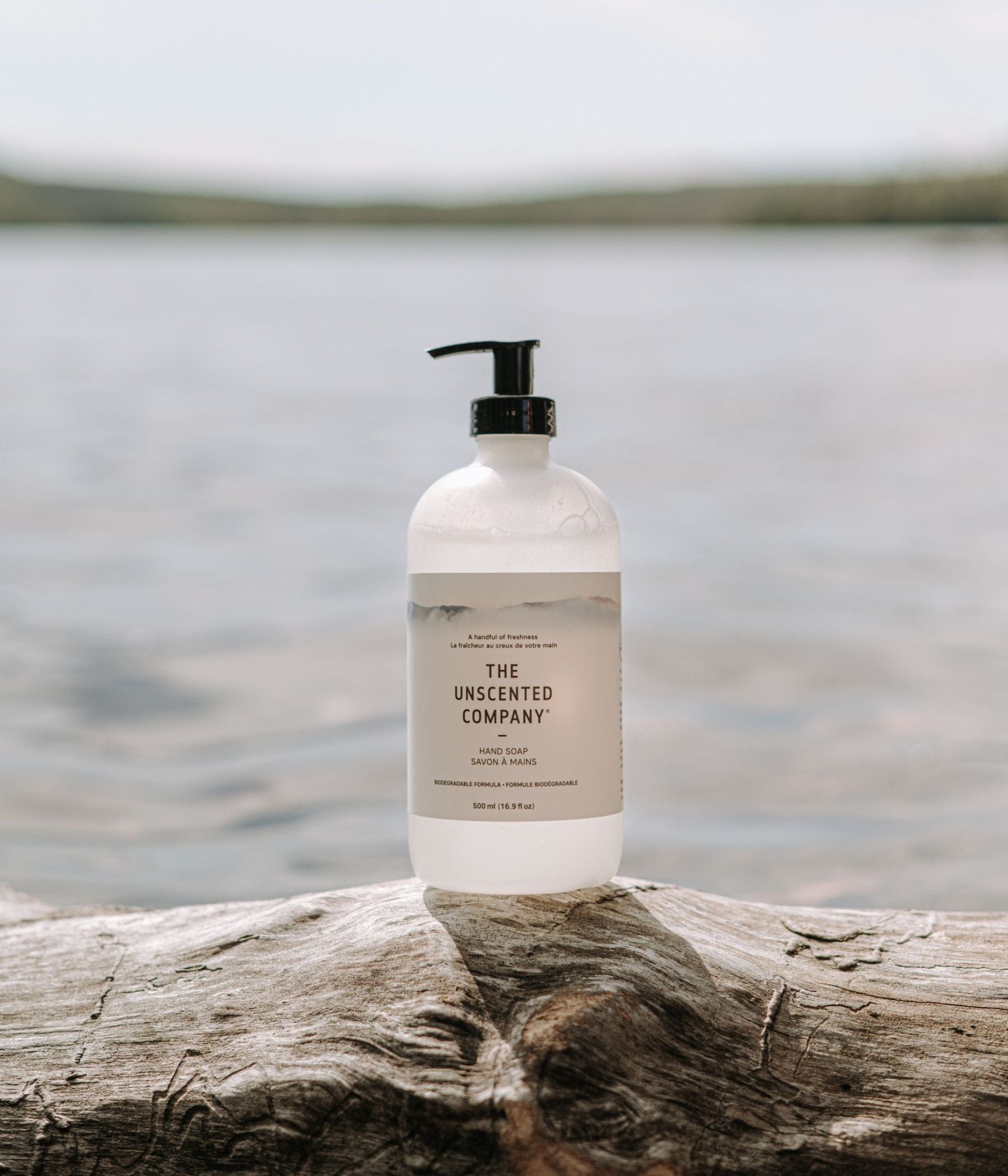 The 500ml Hand Soap in a plastic bottle on a tree branch with a lake in the background.