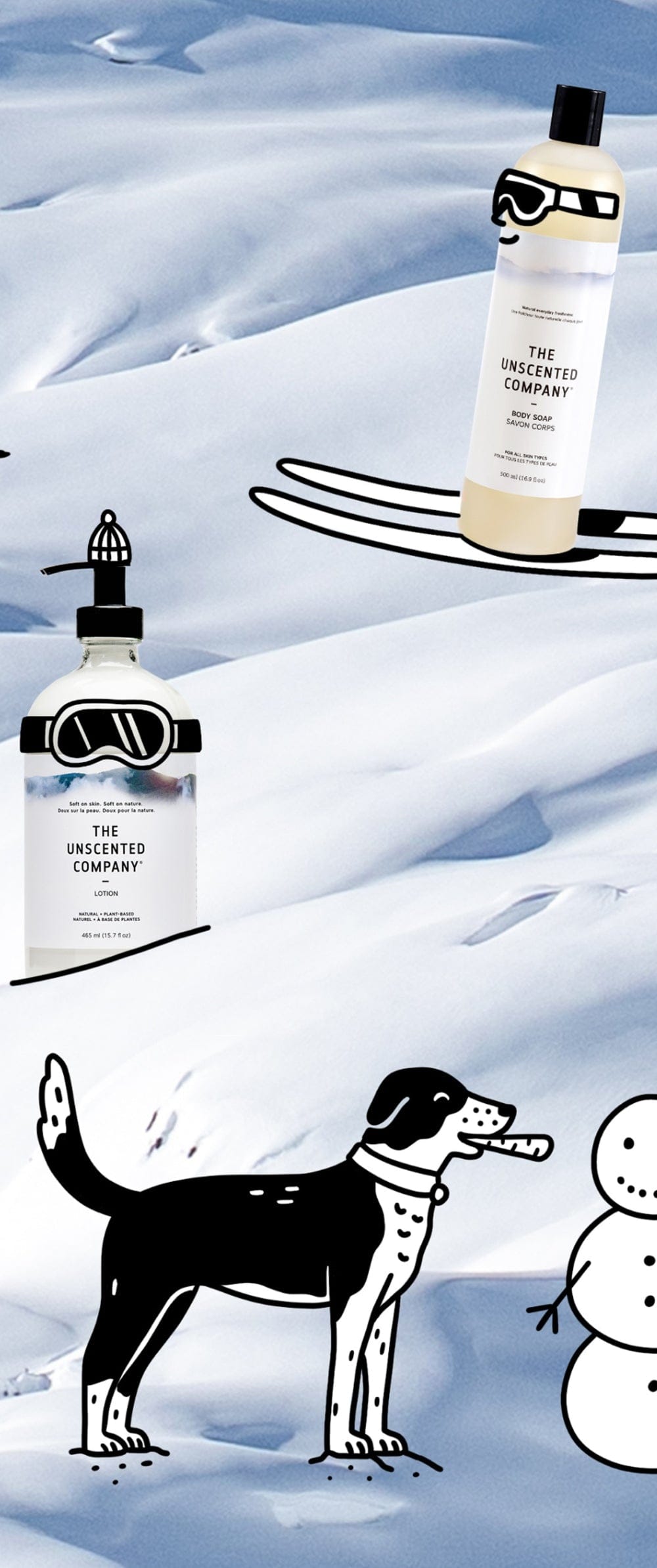 Two bottles of The Unscented Company products – a body soap and a lotion – are set against a snowy background with playful illustrated elements: ski goggles, a beanie, and skis. An illustrated dog faces a snowman, adding a whimsical winter touch to the scene.