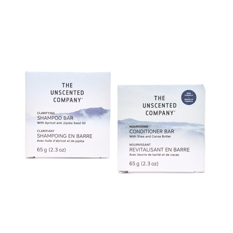 The Unscented Company fragrance-free solid hair care duo — Clarifying Shampoo Bar and Nourishing Conditioner Bar, photographed on a white background.