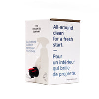 Side view of The Unscented Company 4 L all-purpose cleaner box with dispenser tap, featuring the text “All-around clean for a fresh start,” on minimalist white eco-friendly packaging.