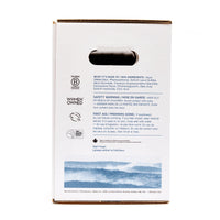 Back view of The Unscented Company 10 L all-purpose cleaner box, showing ingredients, safety instructions, certifications, and sustainability icons on minimalist white eco-friendly packaging.