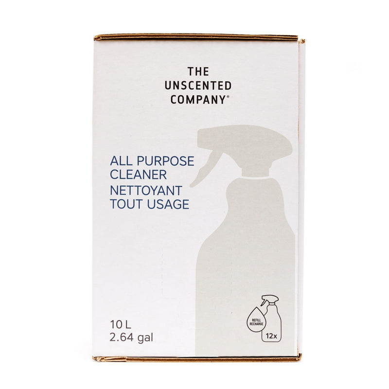 Front view of The Unscented Company 10 L all-purpose cleaner box, showing “All Purpose Cleaner / Nettoyant tout usage” with refill icon on minimalist white eco-friendly packaging.
