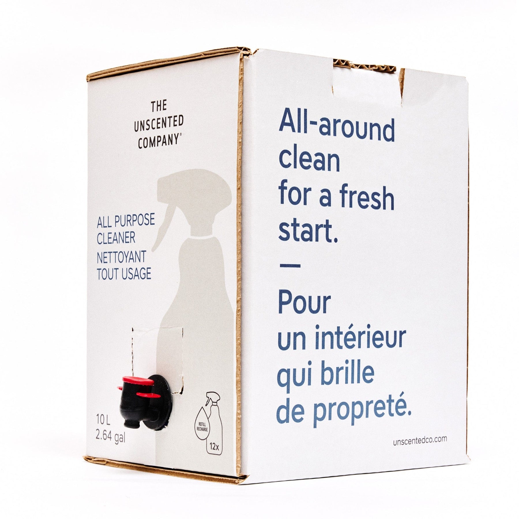 Side view of The Unscented Company 10 L all-purpose cleaner box with dispenser tap, featuring the text “All-around clean for a fresh start,” on minimalist white eco-friendly packaging.