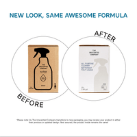 Before and after packaging comparison of The Unscented Company 10 L all-purpose cleaner, showing the old brown kraft box and new minimalist white box with headline “New look, same awesome formula,” highlighting the same eco-friendly formula.