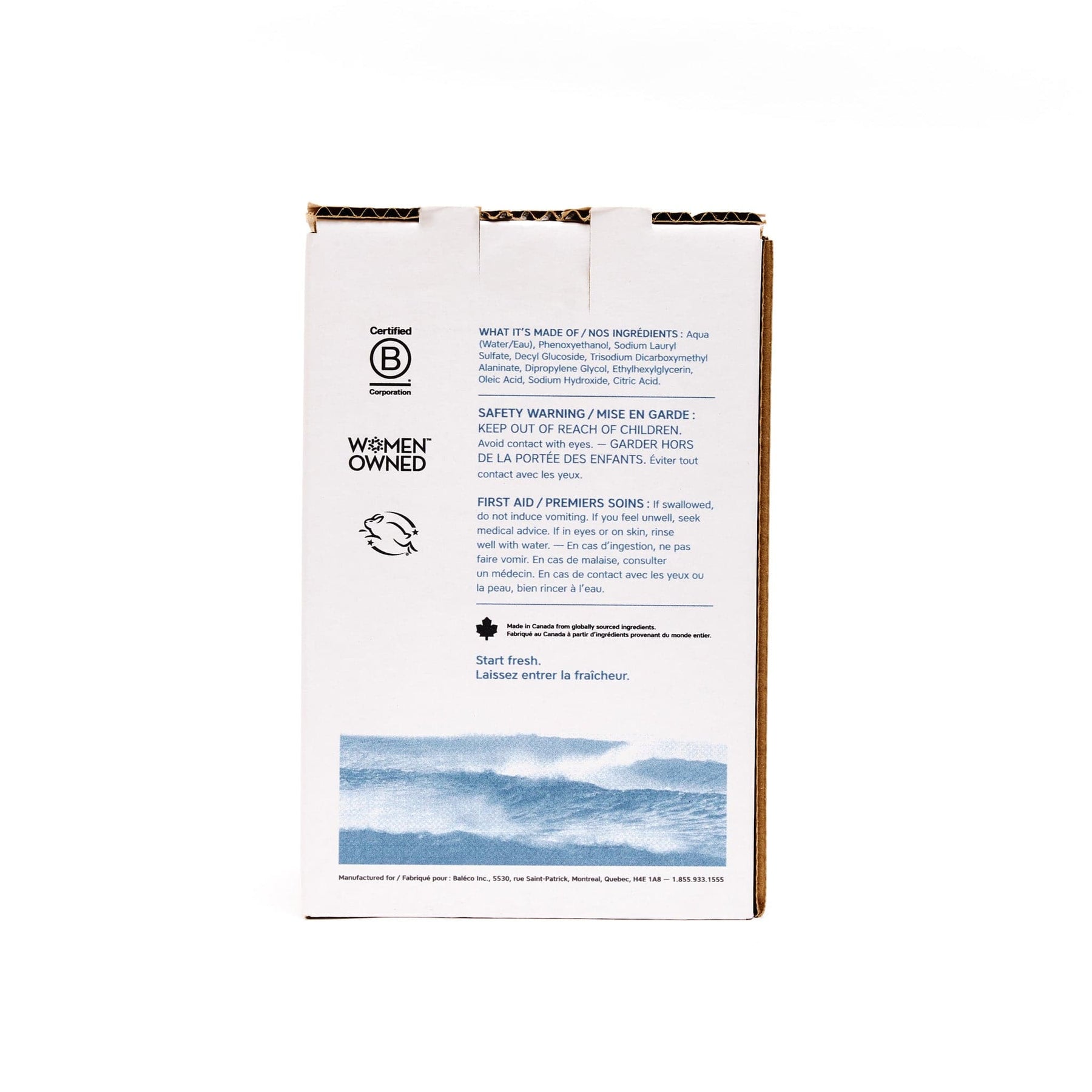 Back view of The Unscented Company 4 L all-purpose cleaner box featuring ingredient list, safety instructions, B Corp and Women Owned certifications, and ocean wave imagery on minimalist white packaging.
