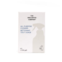 Front view of The Unscented Company 4 L all-purpose cleaner refill box featuring minimalist white packaging, spray bottle illustration, and the text “All Purpose Cleaner,” eco-friendly bulk format.
