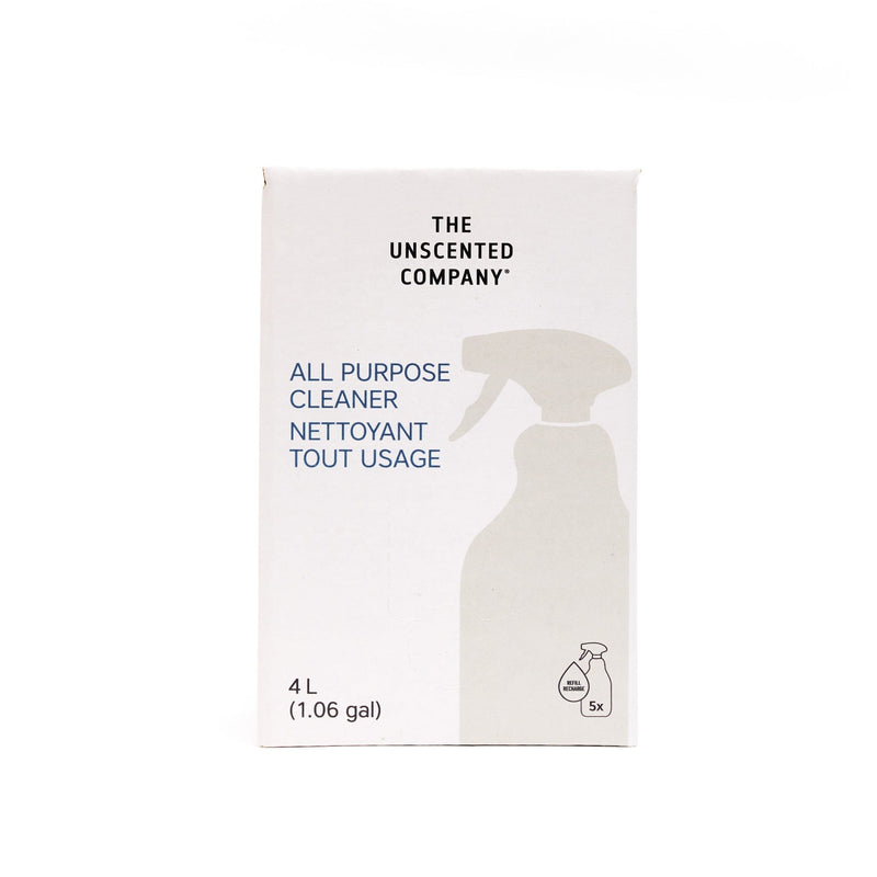 Front view of The Unscented Company 4 L all-purpose cleaner refill box featuring minimalist white packaging, spray bottle illustration, and the text “All Purpose Cleaner,” eco-friendly bulk format.
