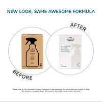 Before and after packaging comparison of The Unscented Company 4 L all-purpose cleaner, showing the old brown kraft box and new minimalist white box with headline “New look, same awesome formula,” highlighting the same eco-friendly formula.
