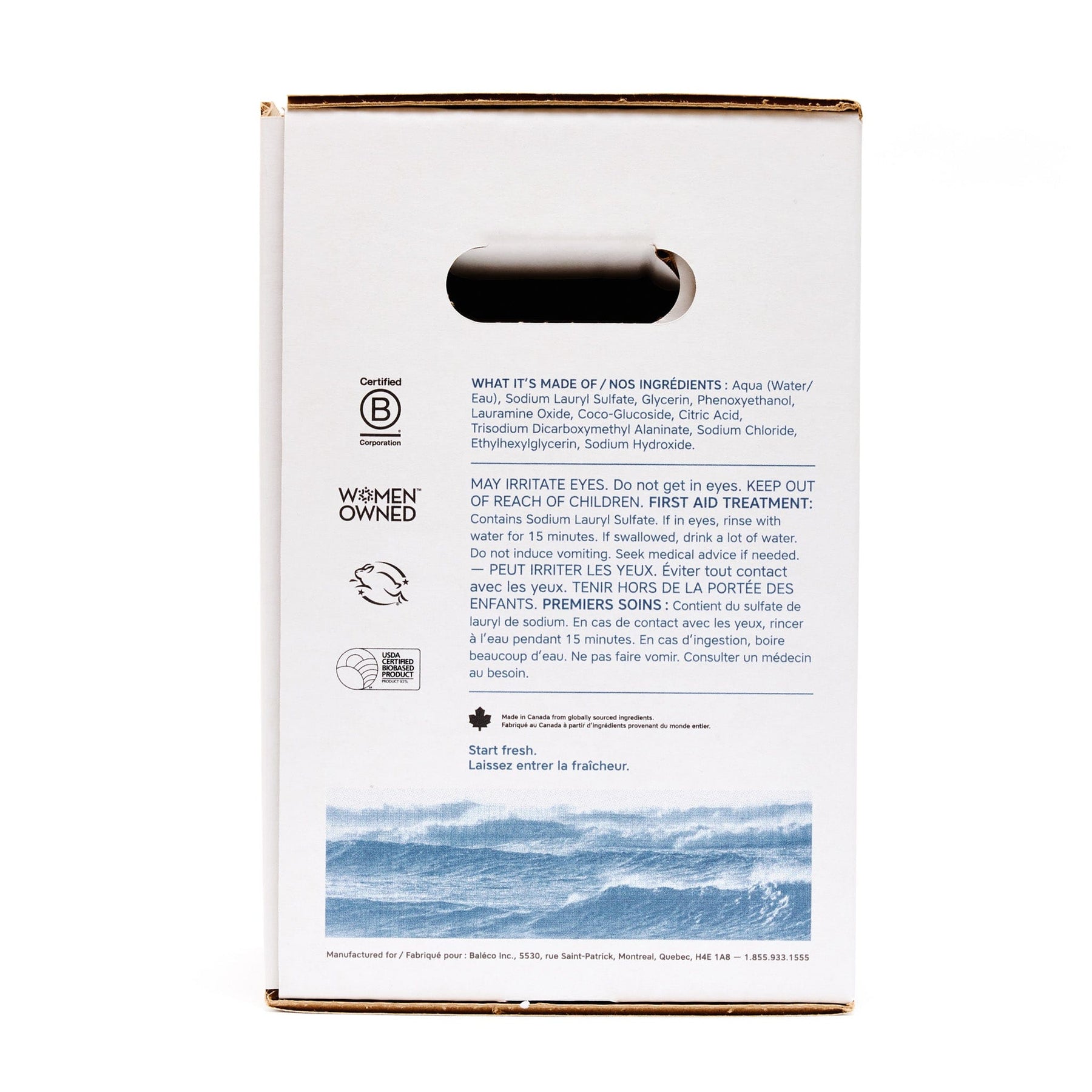 Back view of The Unscented Company 10 L dish soap box, showing ingredients, usage instructions, certifications, and sustainability icons on minimalist white eco-friendly packaging.