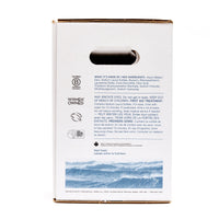 Back view of The Unscented Company 10 L dish soap box, showing ingredients, usage instructions, certifications, and sustainability icons on minimalist white eco-friendly packaging.