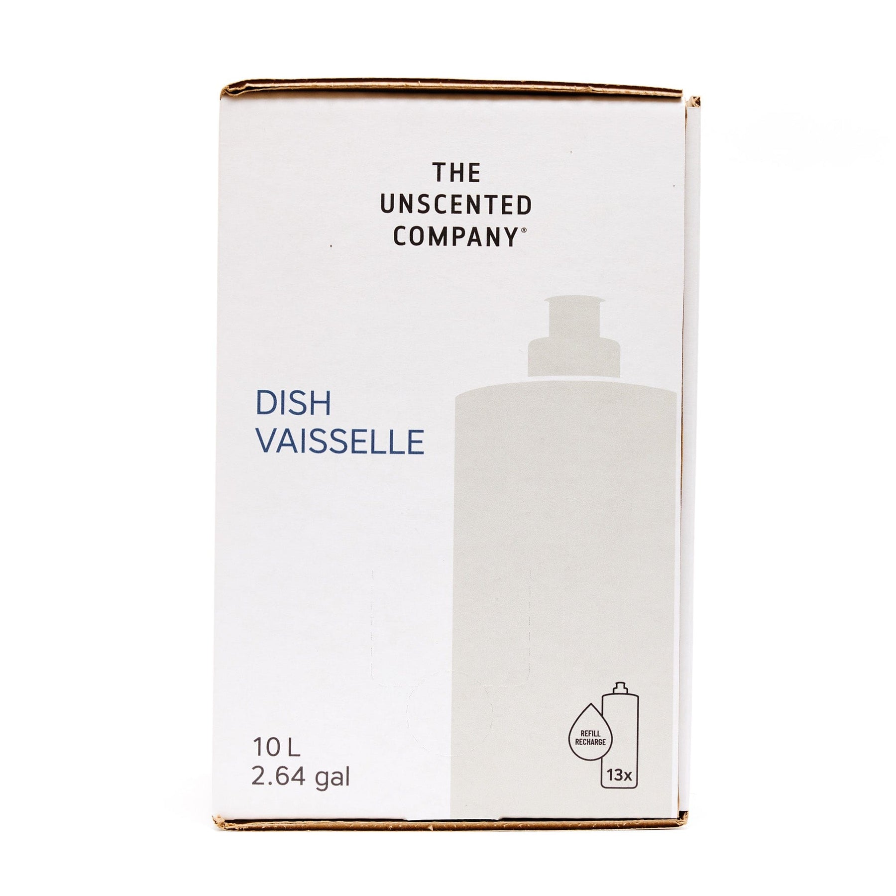 Front view of The Unscented Company 10 L dish soap box, showing “Dish / Vaisselle” with refill icon on minimalist white eco-friendly packaging.