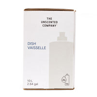 Front view of The Unscented Company 10 L dish soap box, showing “Dish / Vaisselle” with refill icon on minimalist white eco-friendly packaging.