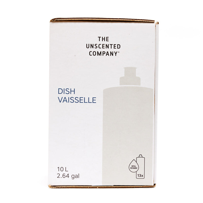 Vue avant de la boîte de savon à vaisselle 10 L The Unscented Company, affichant « Dish / Vaisselle » avec icône de recharge sur un emballage blanc minimaliste et écologique.