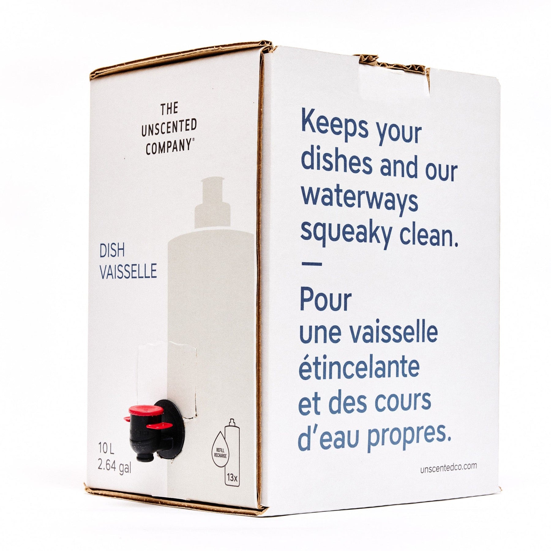Side view of The Unscented Company 10 L dish soap box with dispenser tap, featuring the text “Keeps your dishes and our waterways squeaky clean,” on minimalist white eco-friendly packaging.