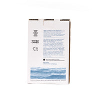 Back view of The Unscented Company 4 L dish soap box, showing ingredients, safety information, and ocean wave graphic on minimalist white eco-friendly packaging.