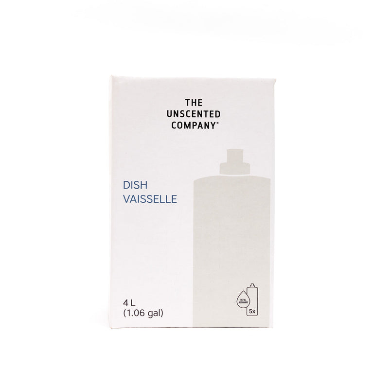 Front view of The Unscented Company Dish soap 4 L (1.06 gal) refill box featuring minimalist white packaging, “Dish / Vaisselle” text, and bottle illustration.
