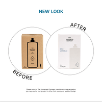 Graphic showing the evolution of The Unscented Company dish soap packaging, comparing the previous brown 4L box with the new white 4L bulk refill box under the heading "Nouvelle Boîte."