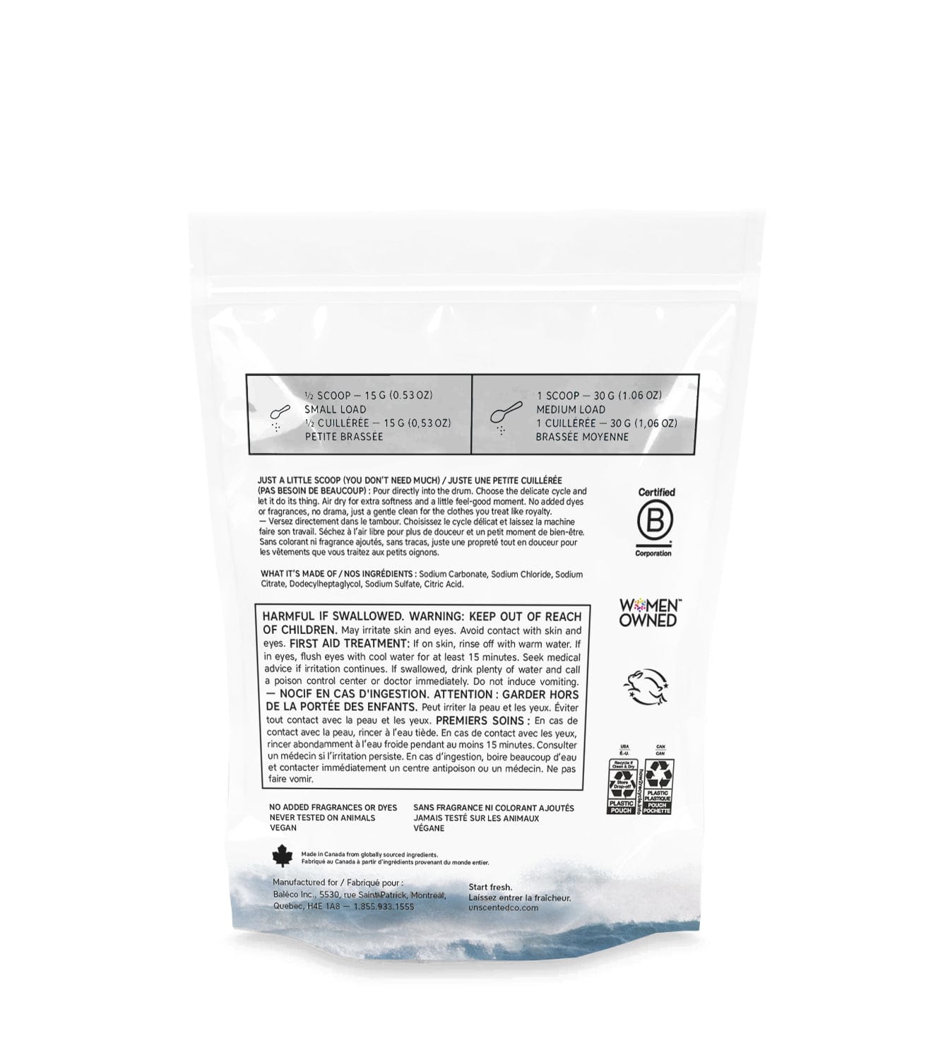 Back of The Unscented Company delicate laundry detergent bag showing usage instructions, safety warnings, ingredient list, and certifications, on a white background.