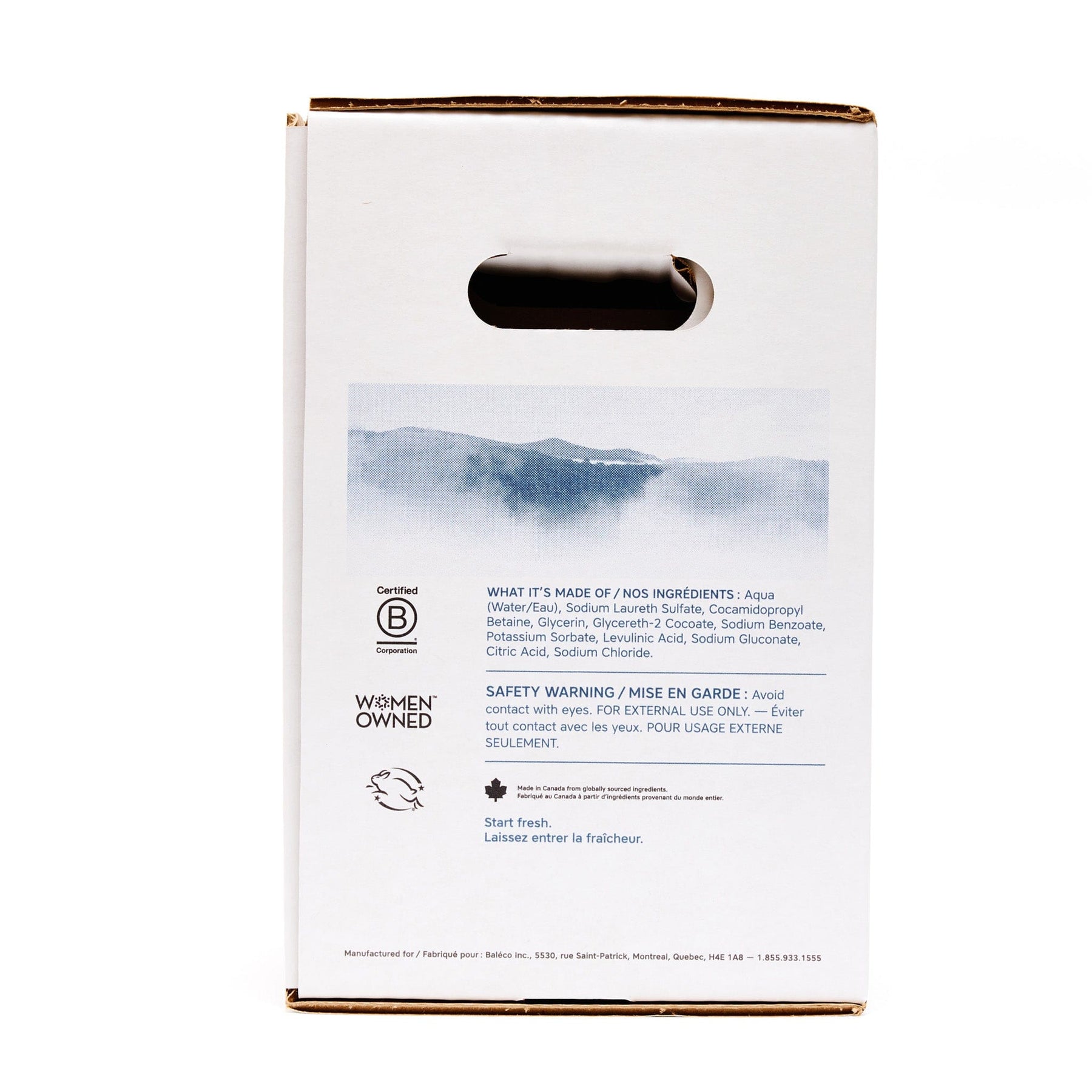 Back view of The Unscented Company 10 L hand soap box, showing ingredients, safety information, certifications, and sustainability icons on minimalist white eco-friendly packaging.