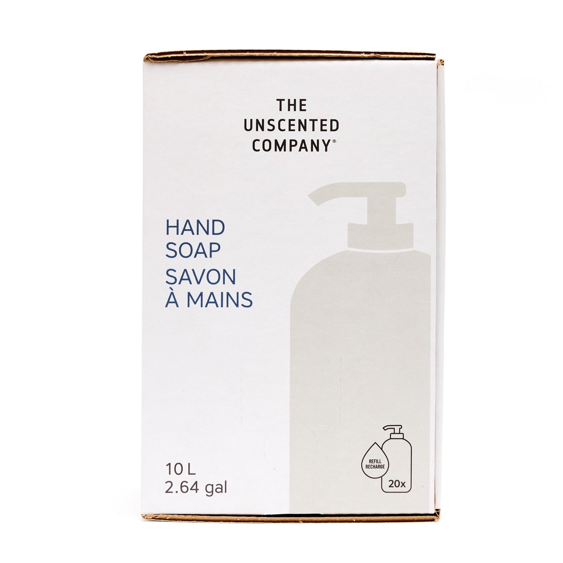 Front view of The Unscented Company 10 L hand soap box, showing “Hand Soap / Savon à mains” with refill icon on minimalist white eco-friendly packaging.