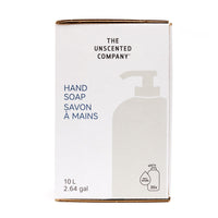 Front view of The Unscented Company 10 L hand soap box, showing “Hand Soap / Savon à mains” with refill icon on minimalist white eco-friendly packaging.