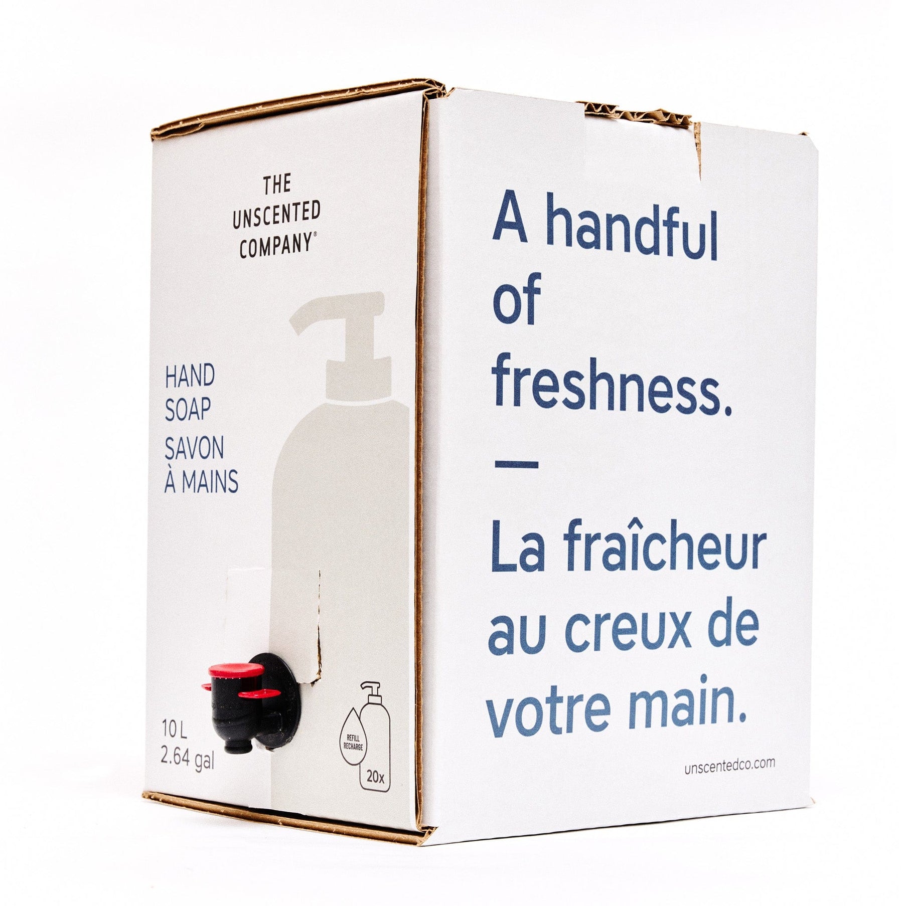 Side view of The Unscented Company 10 L hand soap box with dispenser tap, featuring the text “A handful of freshness,” on minimalist white eco-friendly packaging.