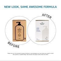 Graphic showing the evolution of The Unscented Company hand soap packaging, comparing the original brown 4L box with the new white 4L bulk refill box under the heading "New look, Same awesome formula"