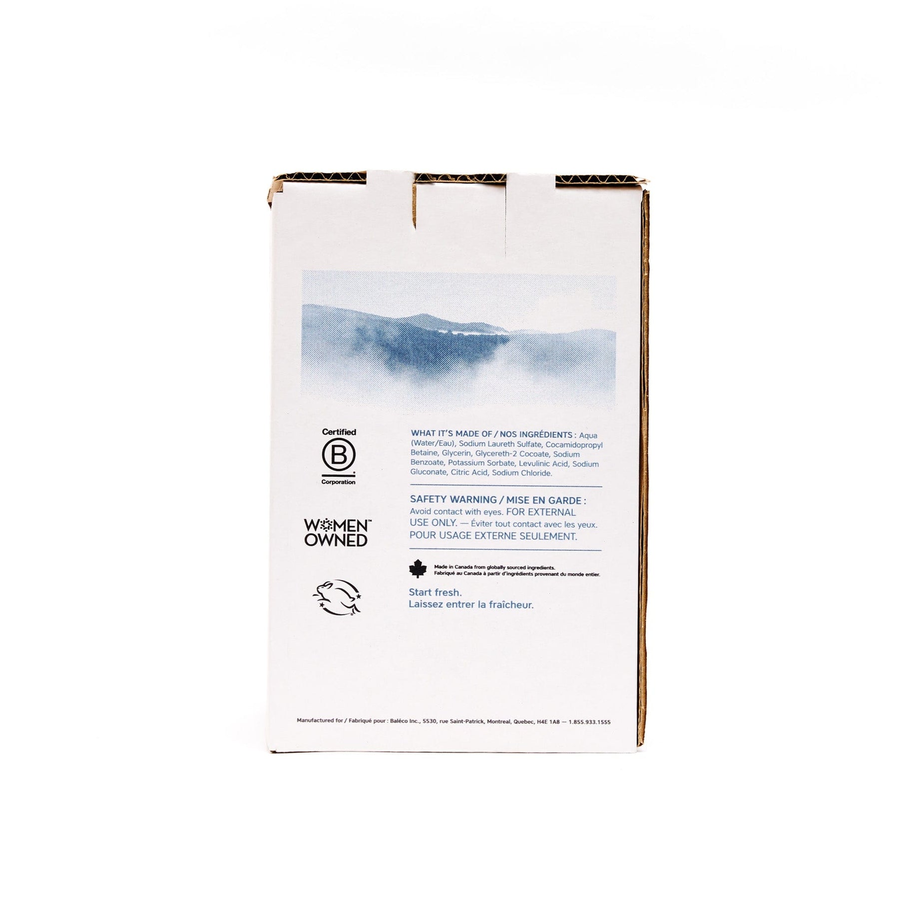Back view of The Unscented Company 4 L hand soap box with ingredient list, safety instructions, Women Owned certification, and blue landscape graphic on minimalist white eco-friendly packaging.
