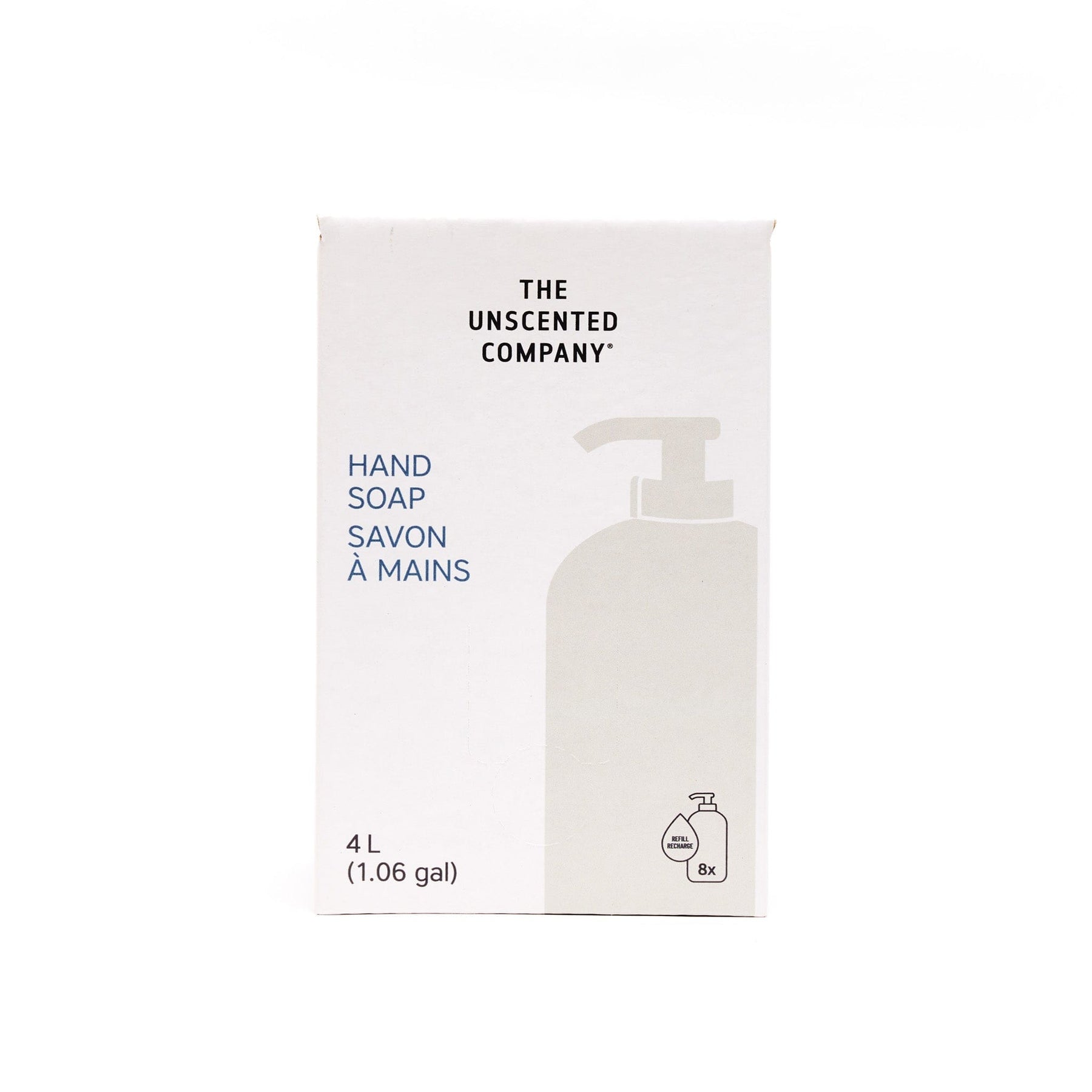 Front view of The Unscented Company 4 L hand soap box, showing “Hand Soap / Savon à mains” with refill icon on minimalist white eco-friendly packaging.