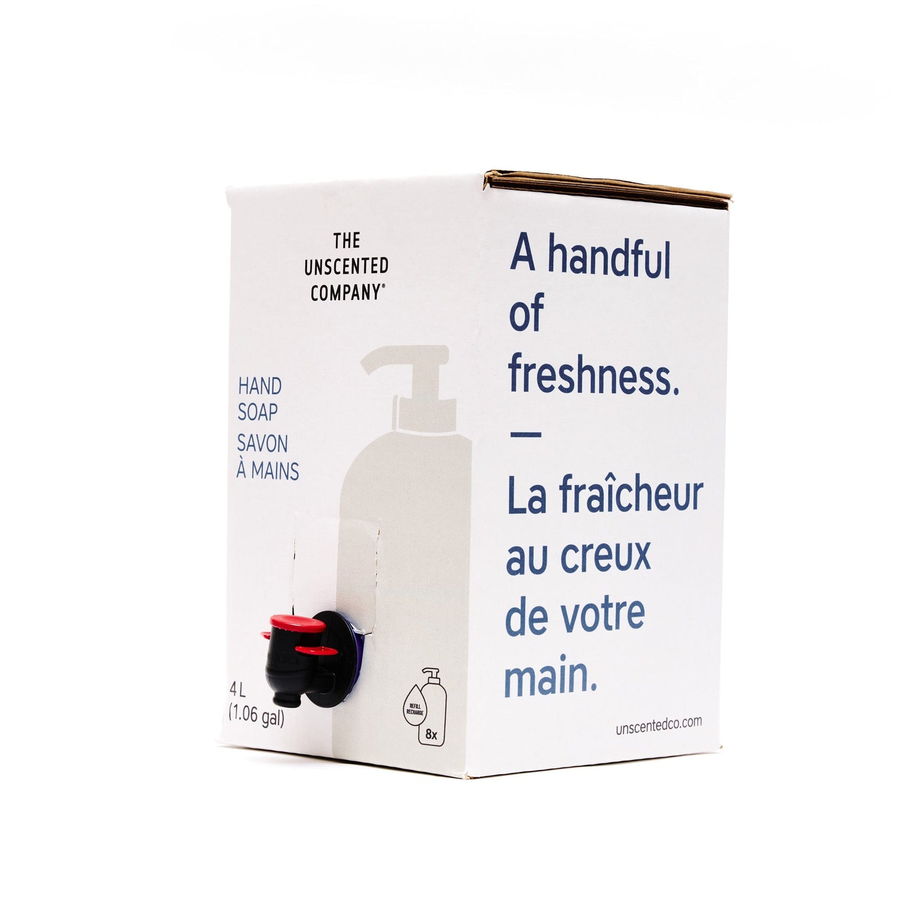 Side view of The Unscented Company 4 L hand soap box with dispenser tap, featuring the text “A handful of freshness,” on minimalist white eco-friendly packaging.