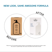 Graphic showing the evolution of The Unscented Company dish soap packaging, comparing the original brown 4L box with the new white 4L bulk refill box under the heading "New Look, Same Awesome Formula."