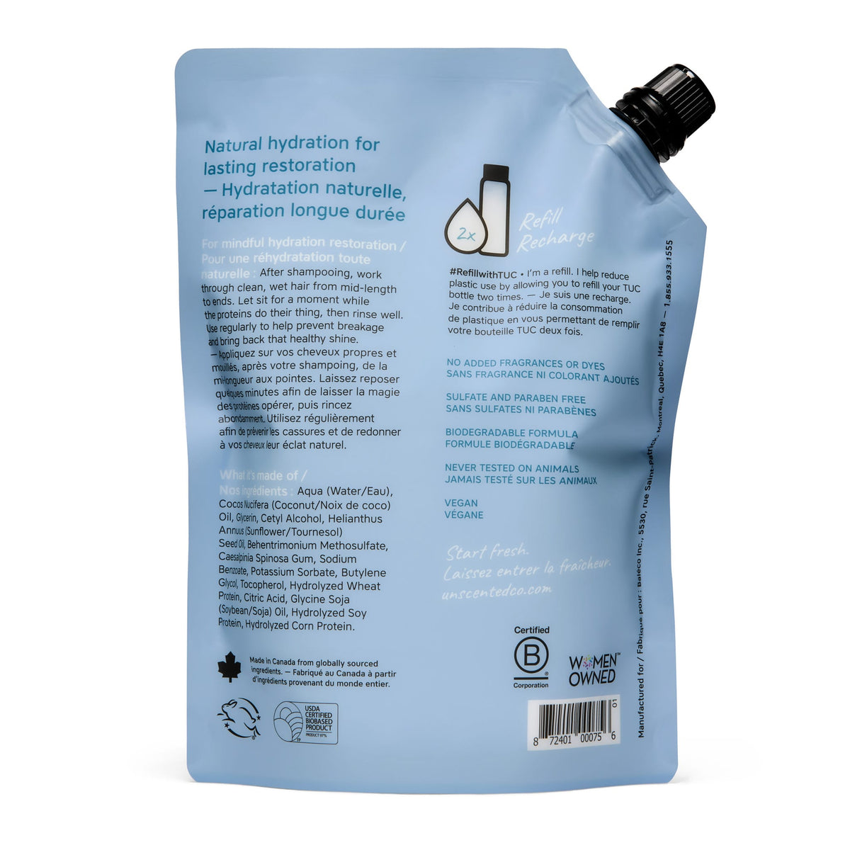 Back label with ingredients, Hydrating Conditioner refill pouch