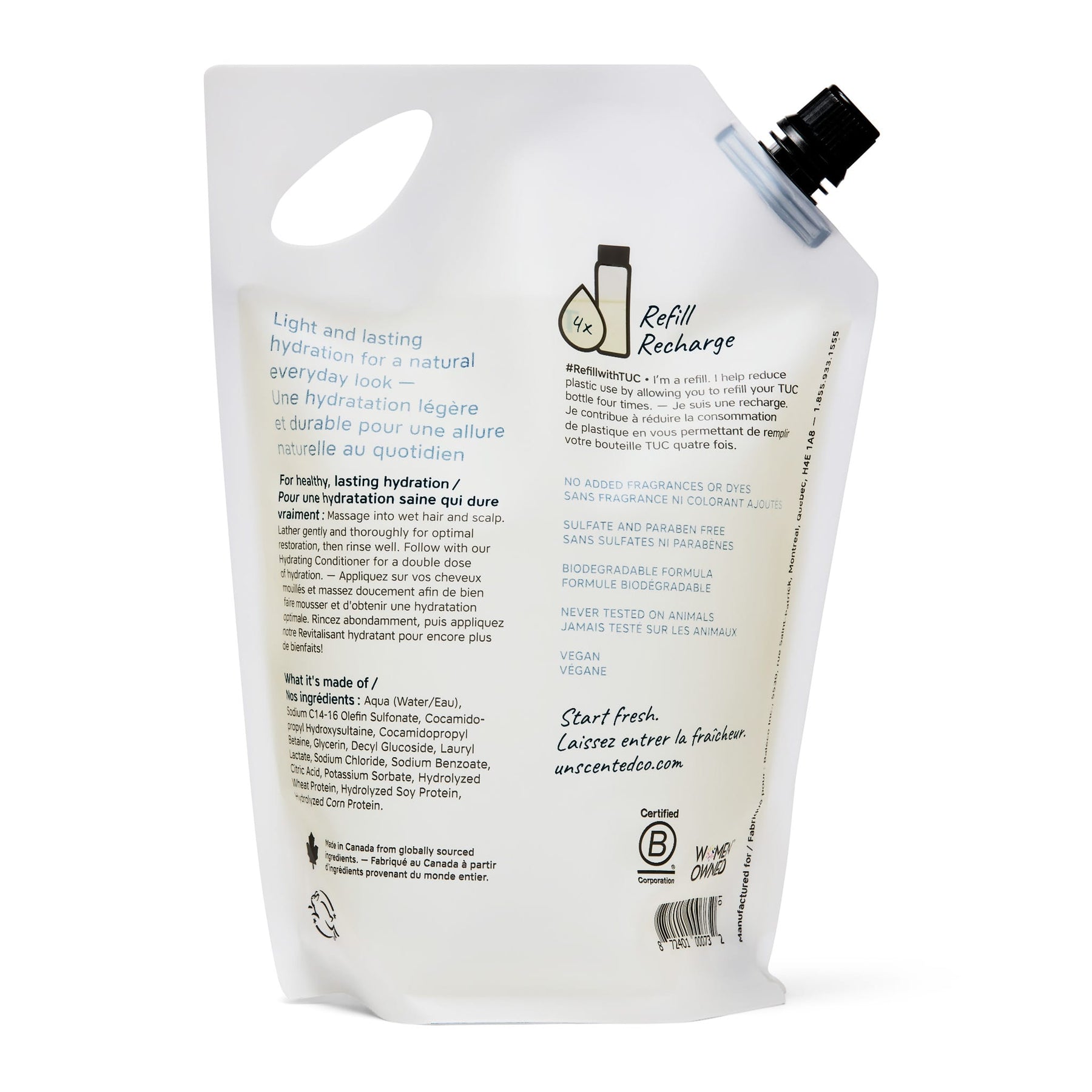 Back label with ingredients, Hydrating Shampoo refill pouch